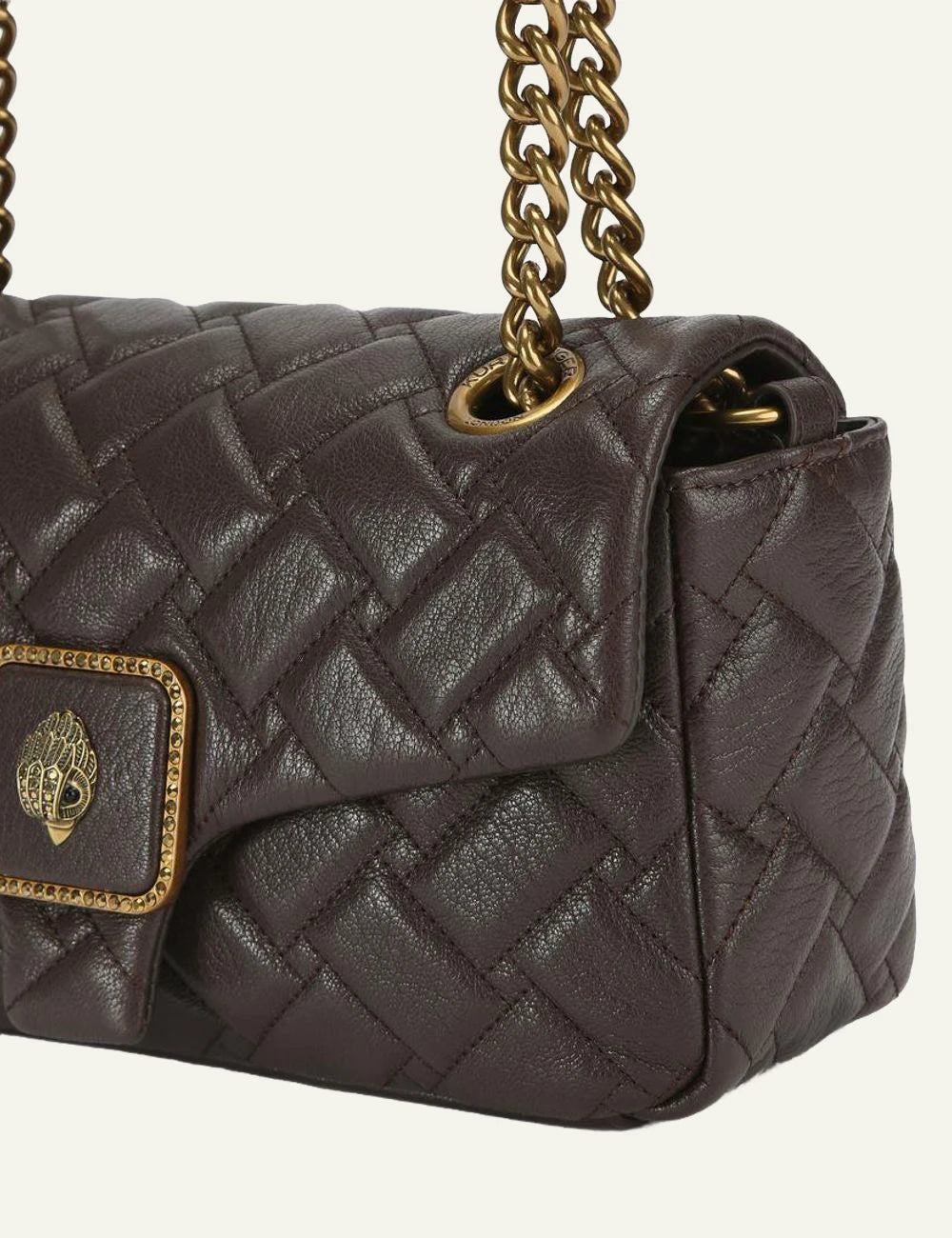 Kurt Geiger Pimlico quilted leather bag side detail with gold chain strap