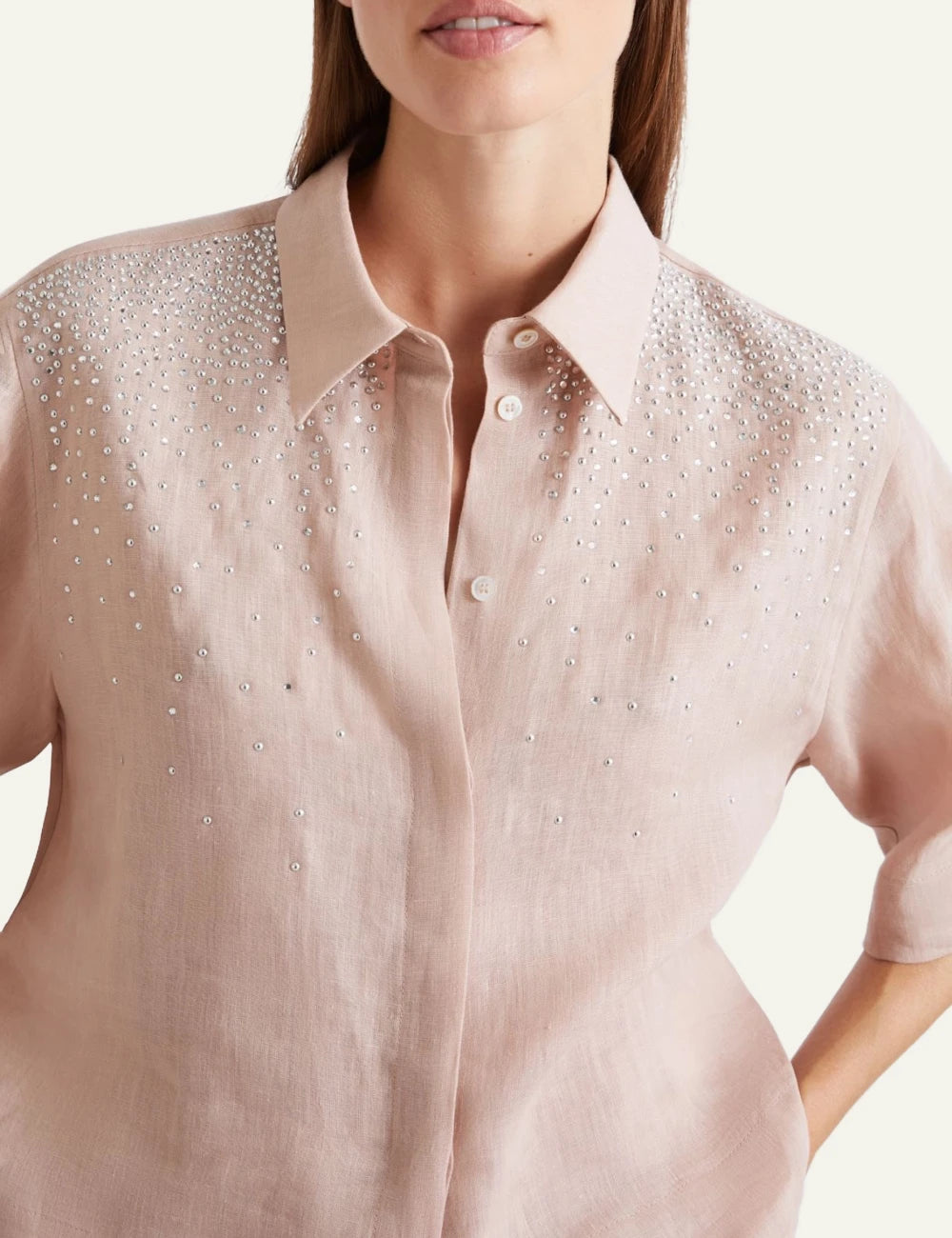 Pink Short Sleeve Shirt With Rhinestone Detail Front collar