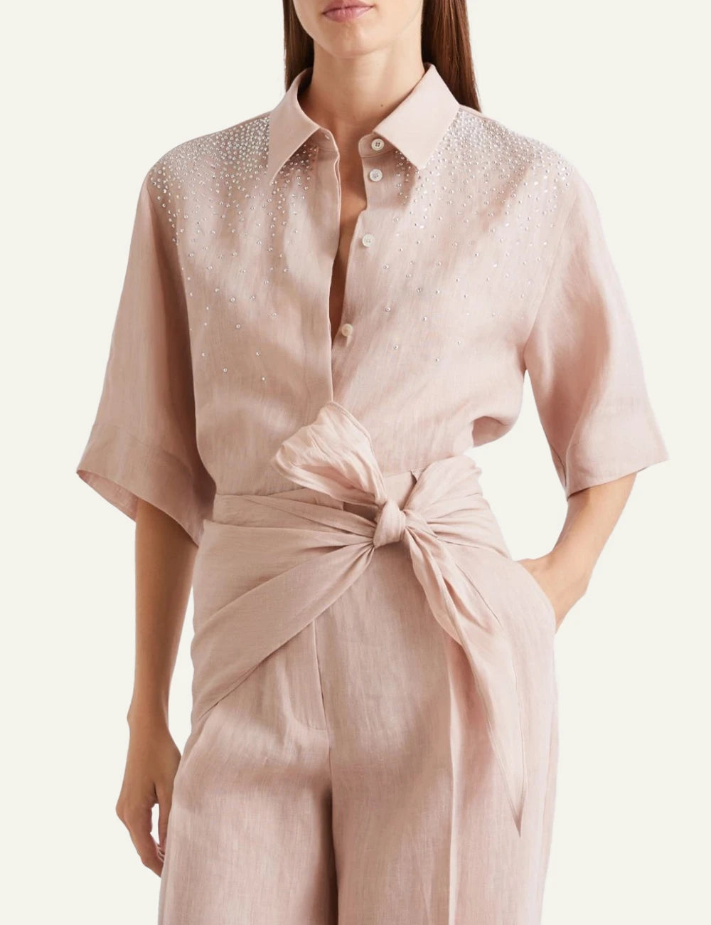 Pink Short Sleeve Shirt With Rhinestone Detail Front detail