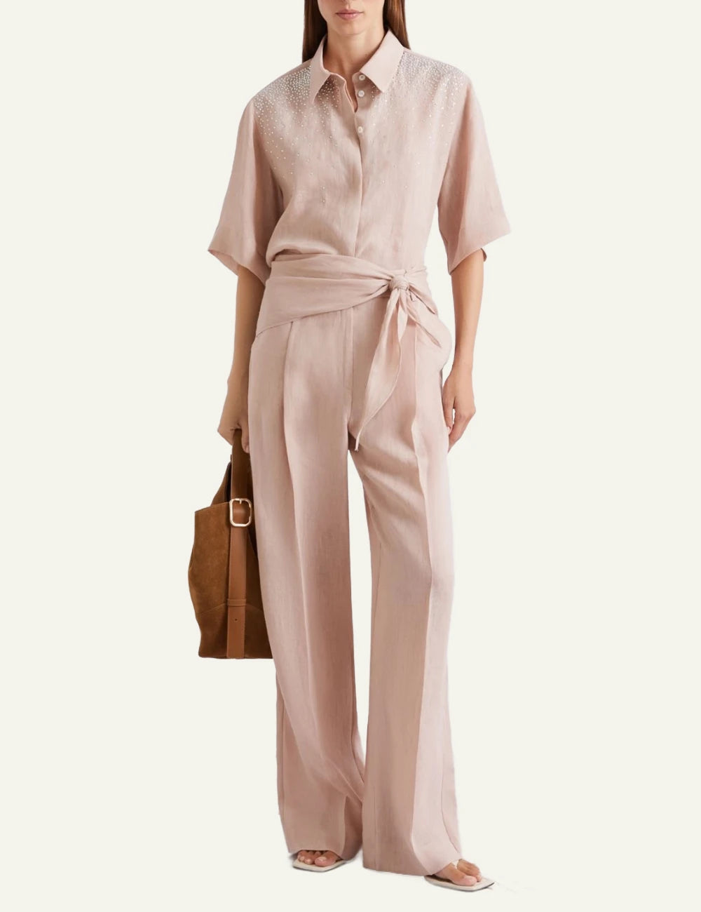 Pink Short Sleeve Shirt With Rhinestone Detail Front full body