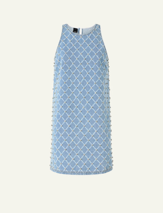 Pinko Amorino sleeveless mini dress light blue denim front view