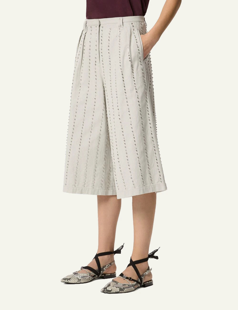 Pinko Babs bermuda beige cotton me crystal embellished stripes side view