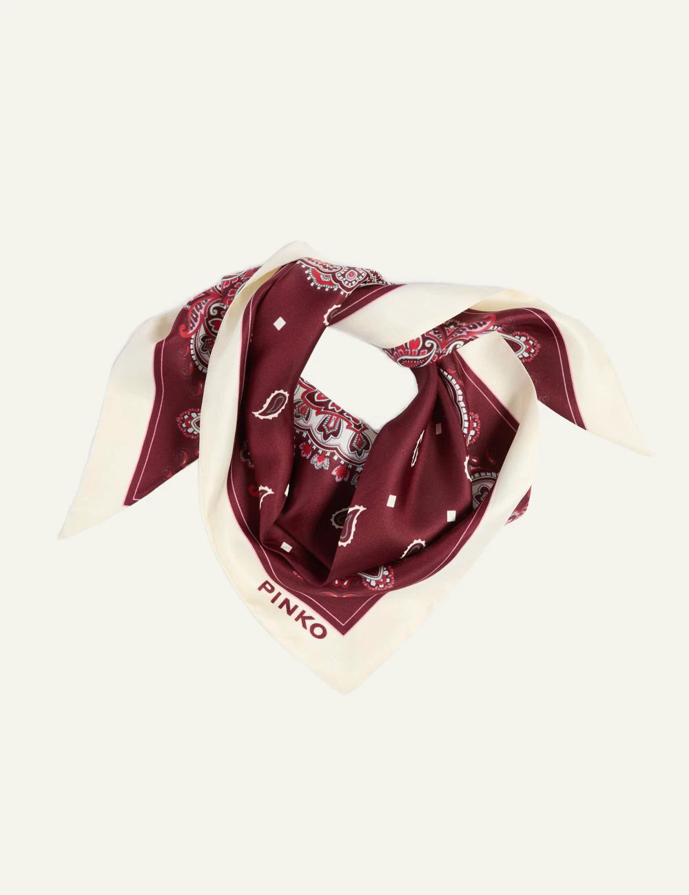 Pinko bandana foulard triangle red paisley silk mix neck hair detail front flat view