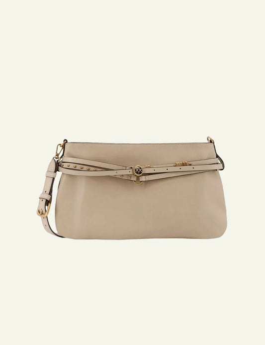 Pinko beige leather shoulder bag Love Birds belts detail front view