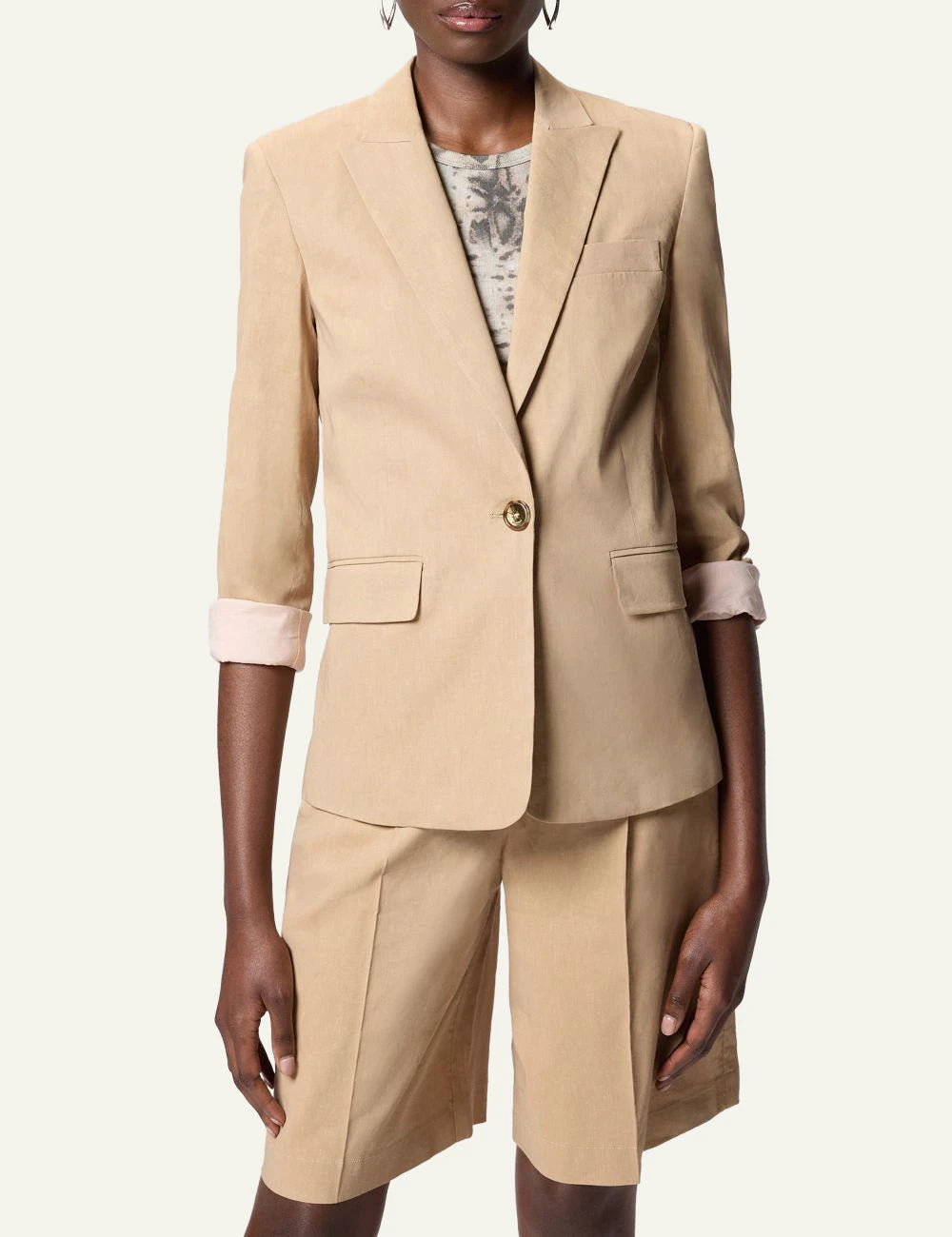 Pinko beige linen viscose blazer single button front model view