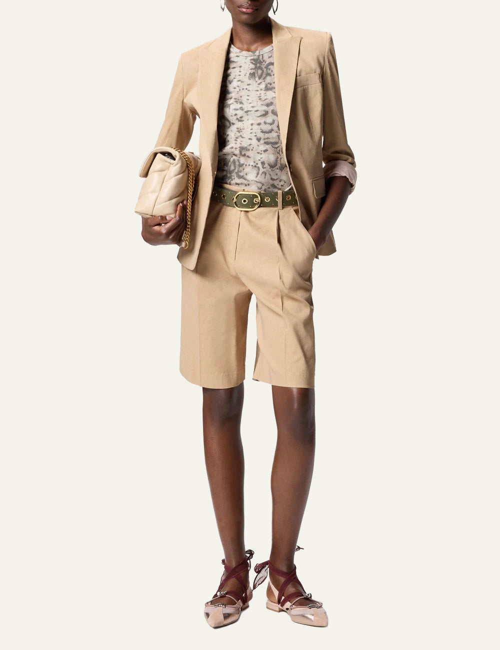 Pinko beige linen viscose blazer single button front full body view