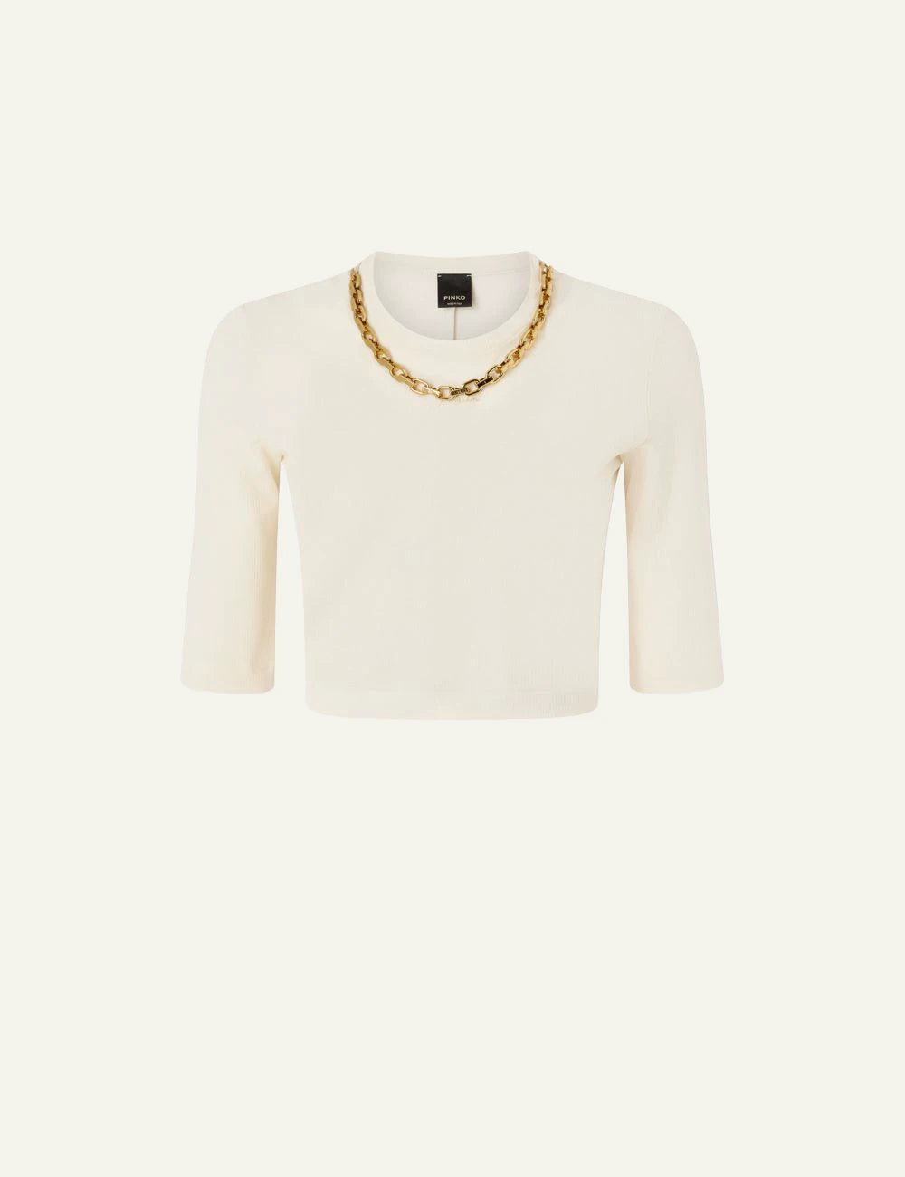 Pinko cropped sweater beige ribbed cotton gold chain neckline front flat view