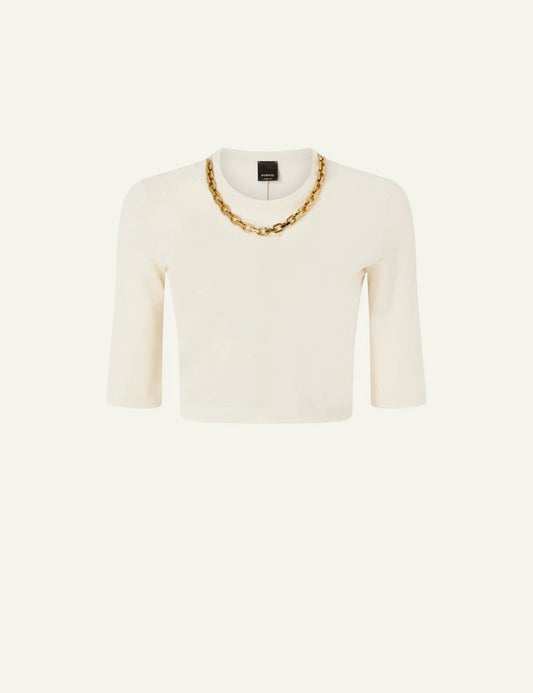 Pinko cropped sweater beige ribbed cotton gold chain neckline front flat view