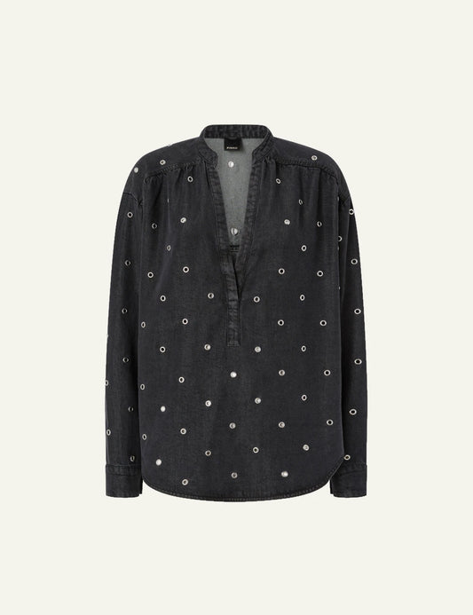 Pinko Bellicoso blouse dark denim lyocell me metal eyelets front view