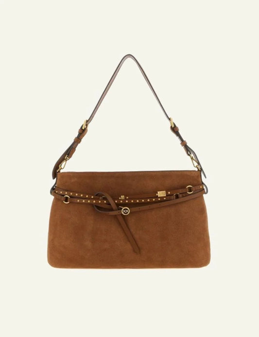Pinko suede belt bag brown shoulder bag with studs and Love Birds detail front view