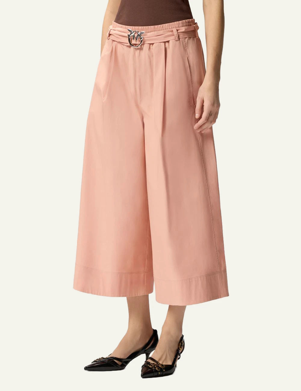 Pinko bermuda shorts peach wide leg elastic waist belt front model view