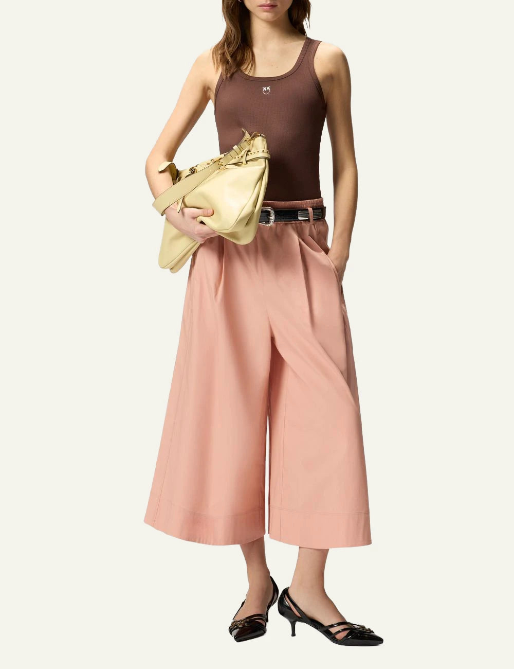Pinko bermuda shorts peach wide leg elastic waist belt front full body view