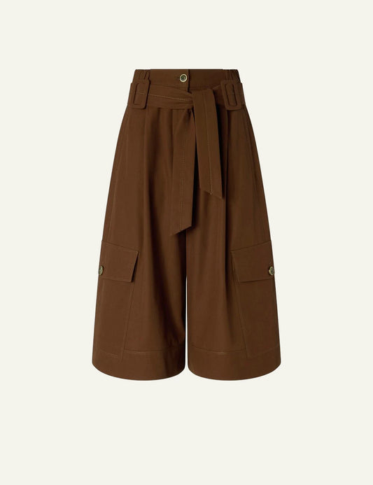 Pinko brown bermuda wide leg cotton twill belt cargo pockets front flat view
