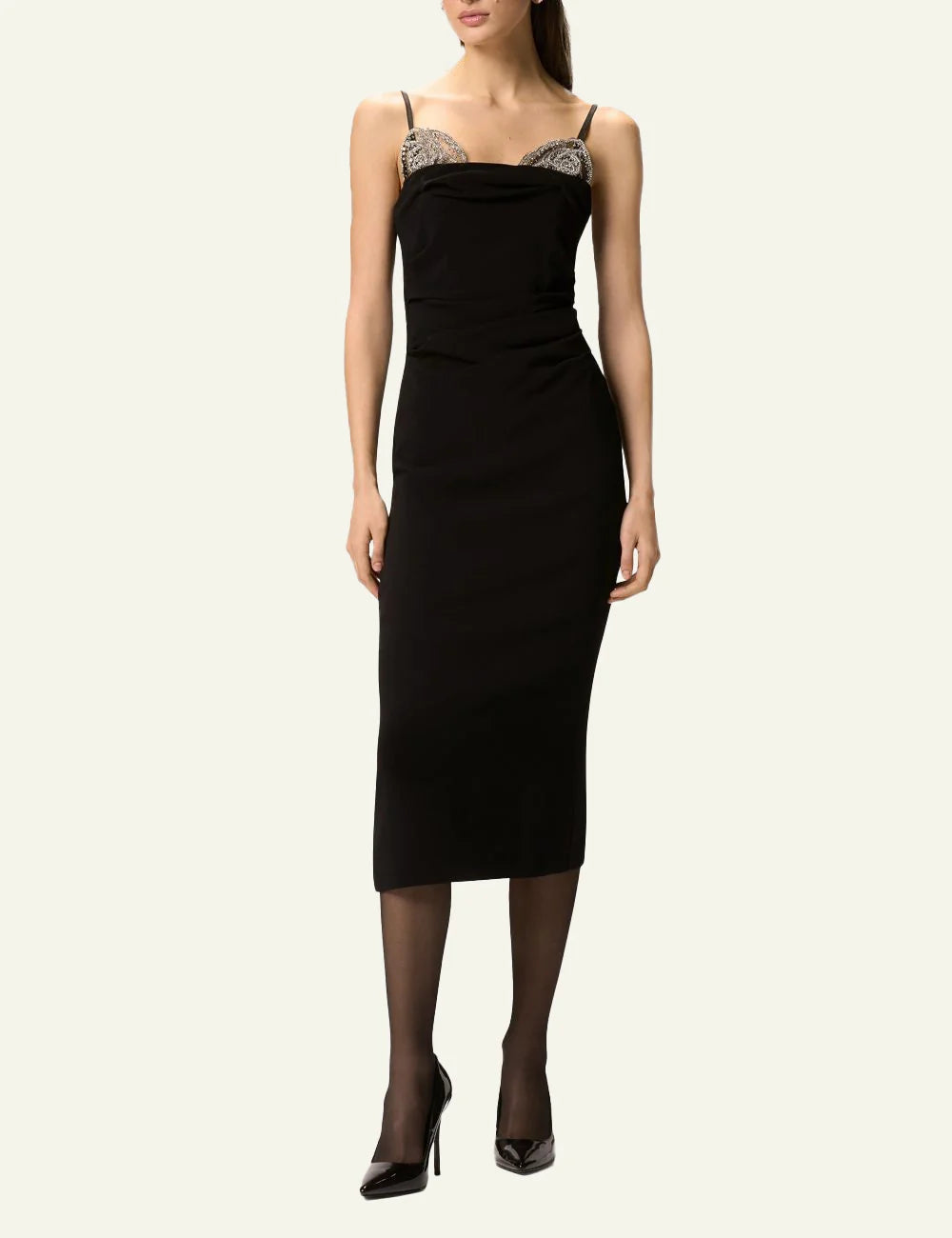 Pinko Carruba midi dress black slim fit with crystal roses front full body view