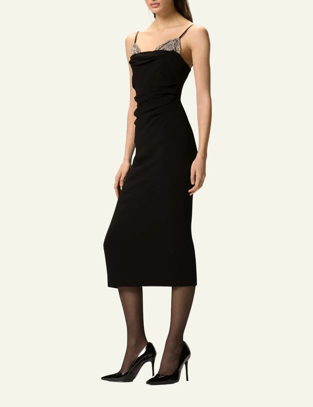 Pinko Carruba midi dress black slim fit with crystal roses side view