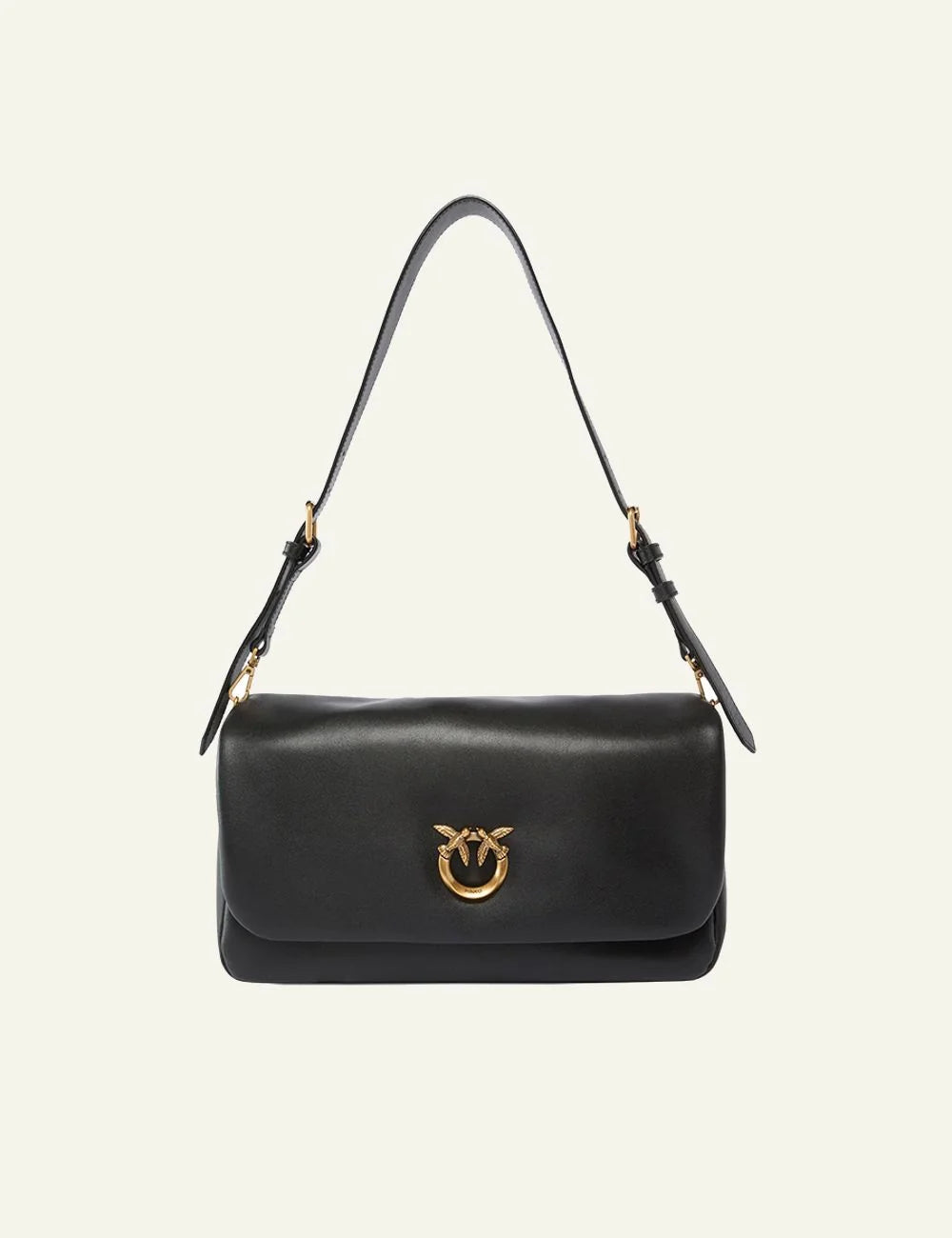 Pinko black leather shoulder bag Love Birds flap front view