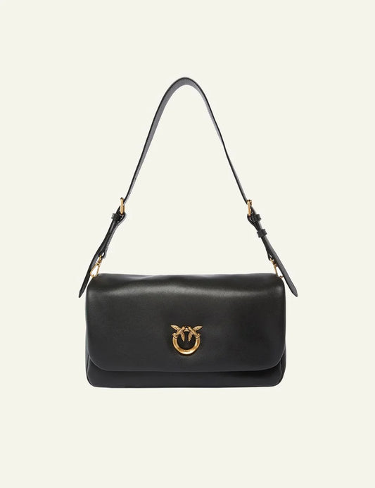Pinko black leather shoulder bag Love Birds flap front view