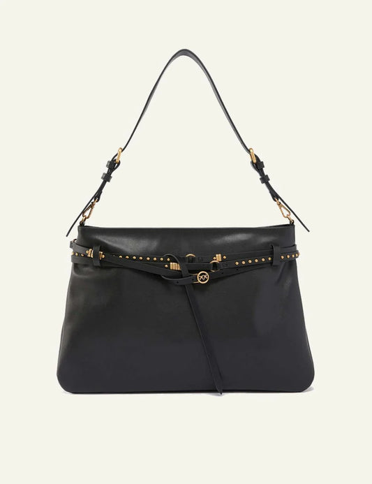 Pinko black leather shoulder bag Love Birds strap detail front view