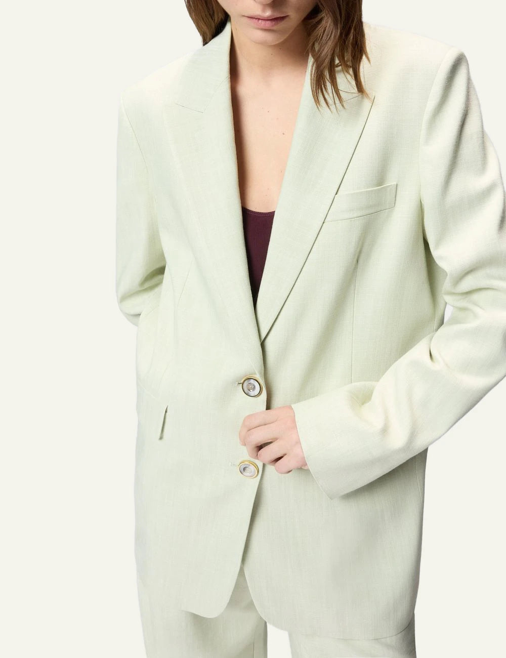 Pinko blazer light green linen effect two buttons side view