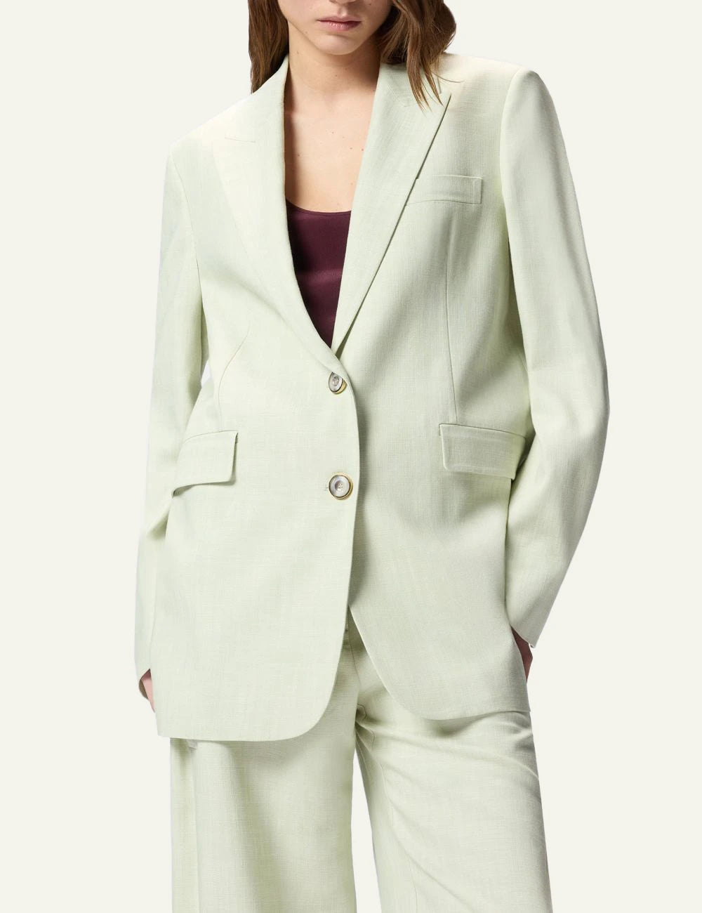 Pinko blazer light green linen effect two buttons front model view