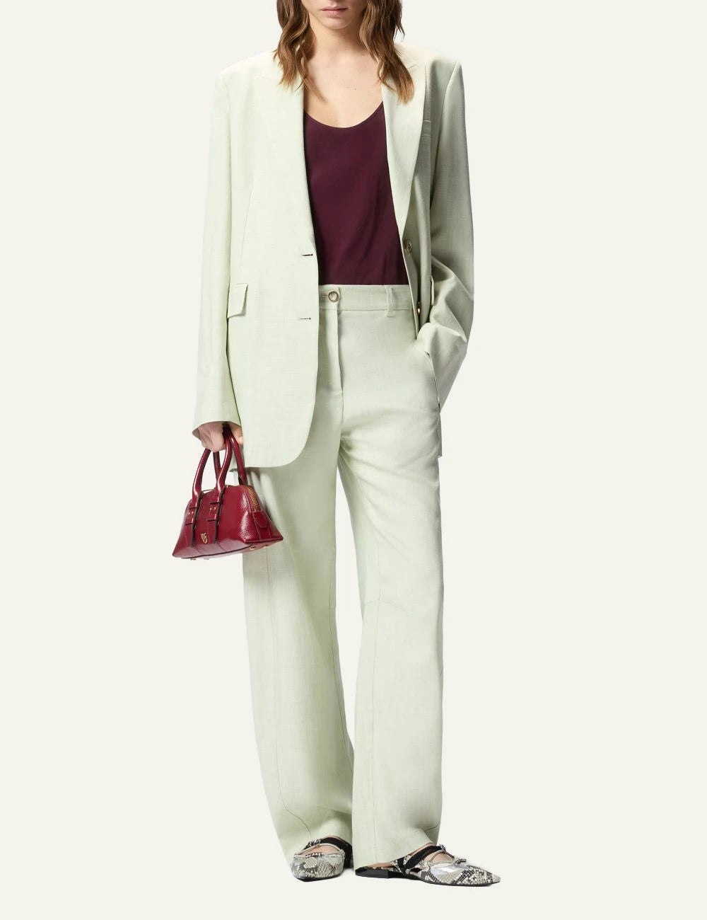 Pinko blazer light green linen effect two buttons front full body view