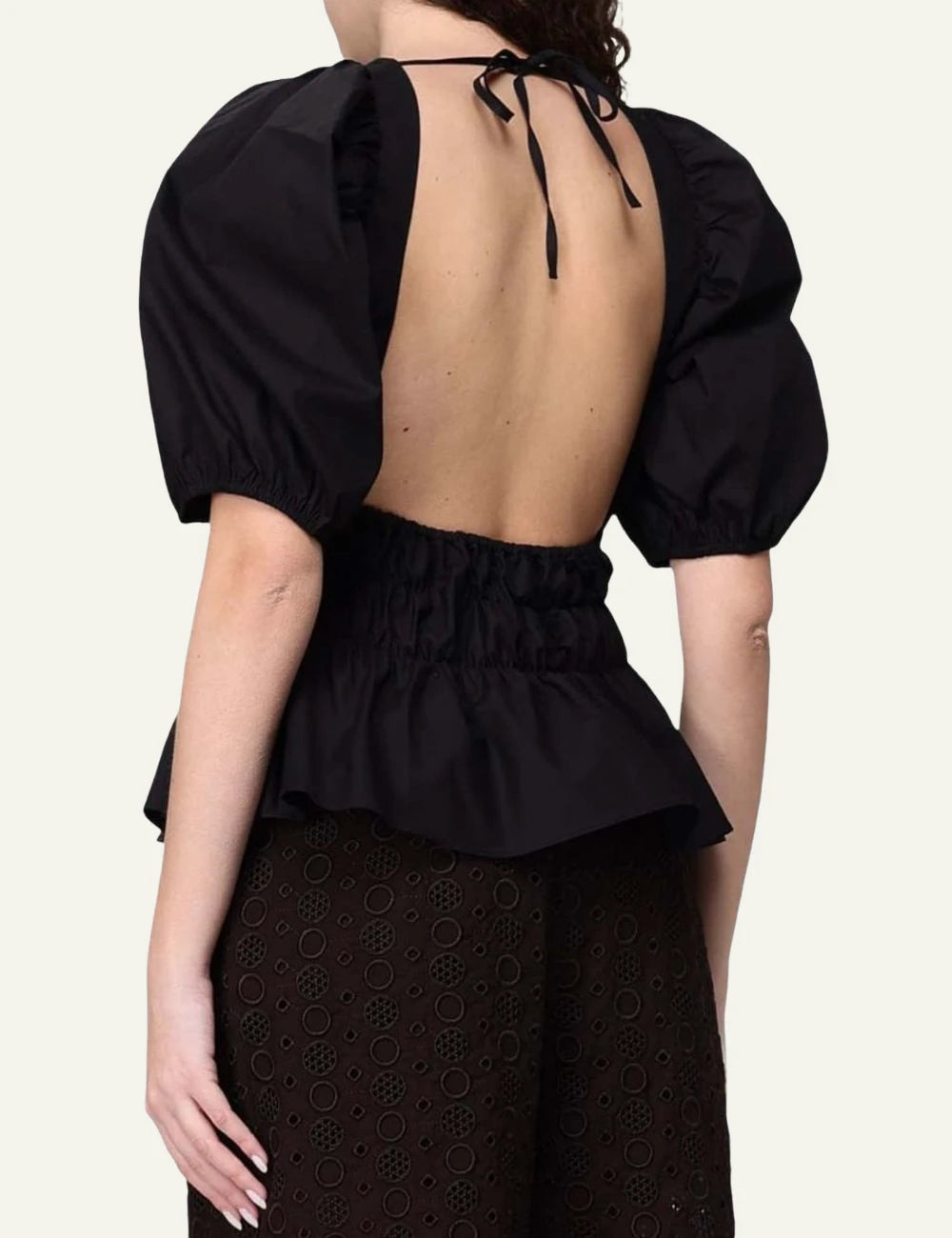 Pinko blouse black balloon sleeves ruched waist back model view