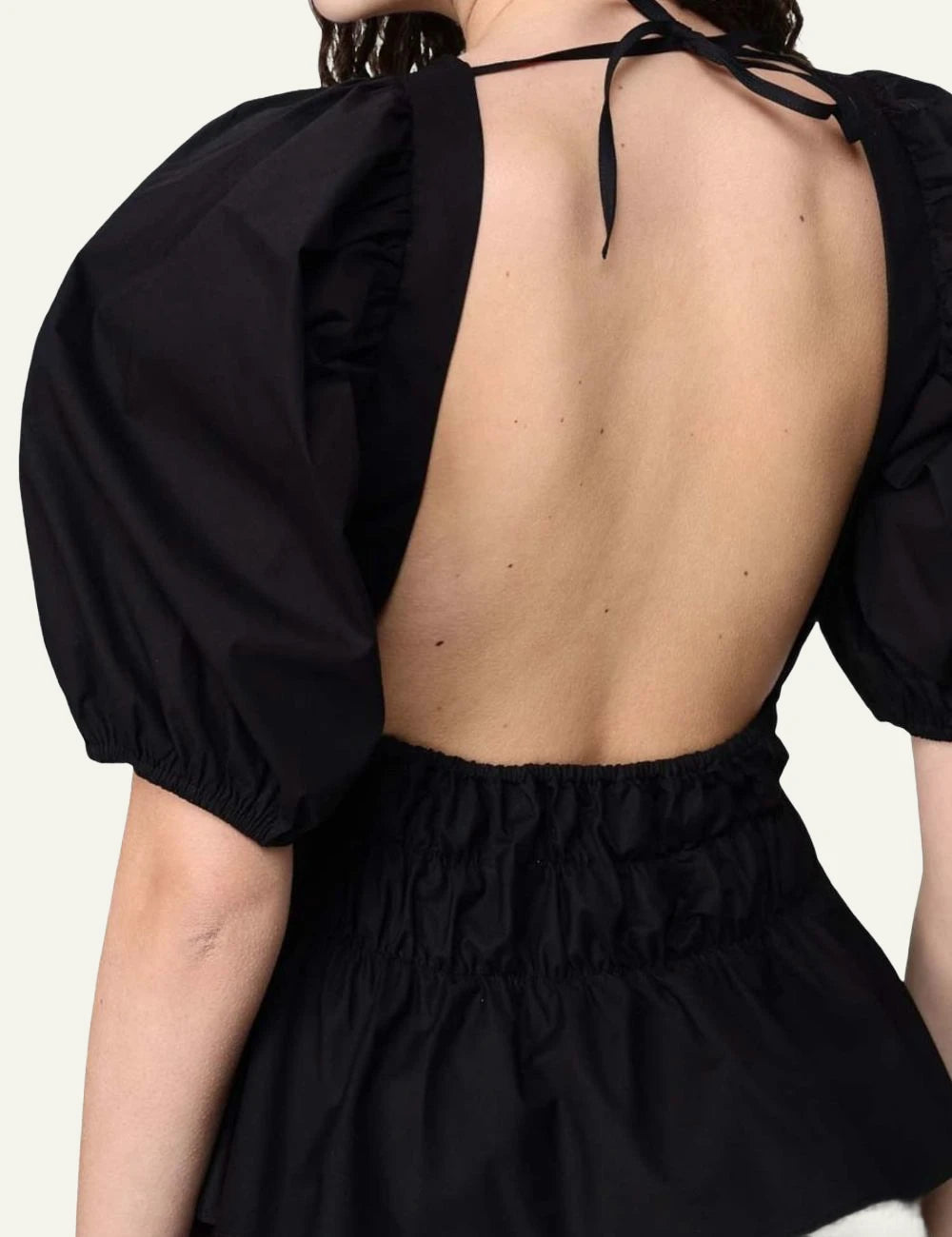 Pinko blouse black balloon sleeves ruched waist back detail view