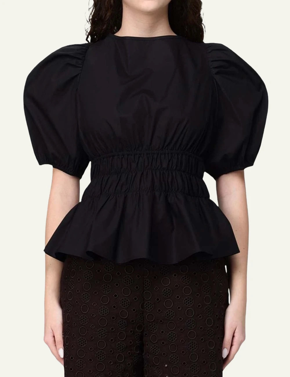 Pinko blouse black balloon sleeves ruched waist front model view