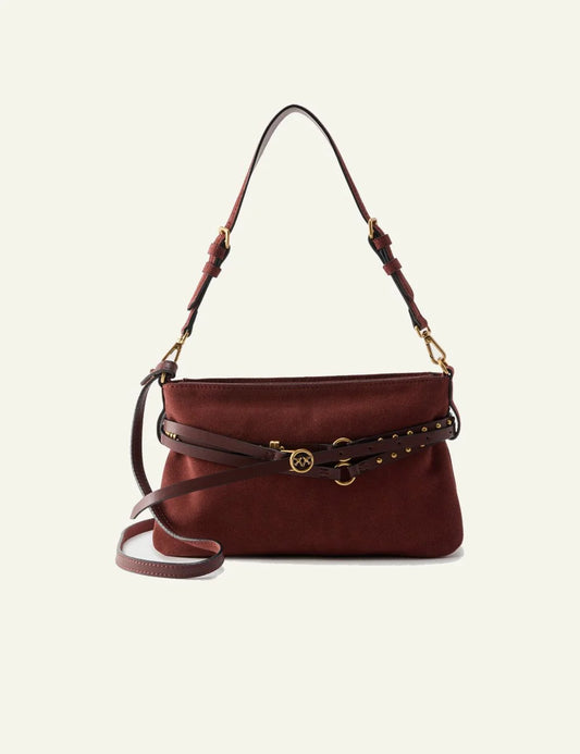 Pinko brown leather shoulder bag Love Birds belts detail front view