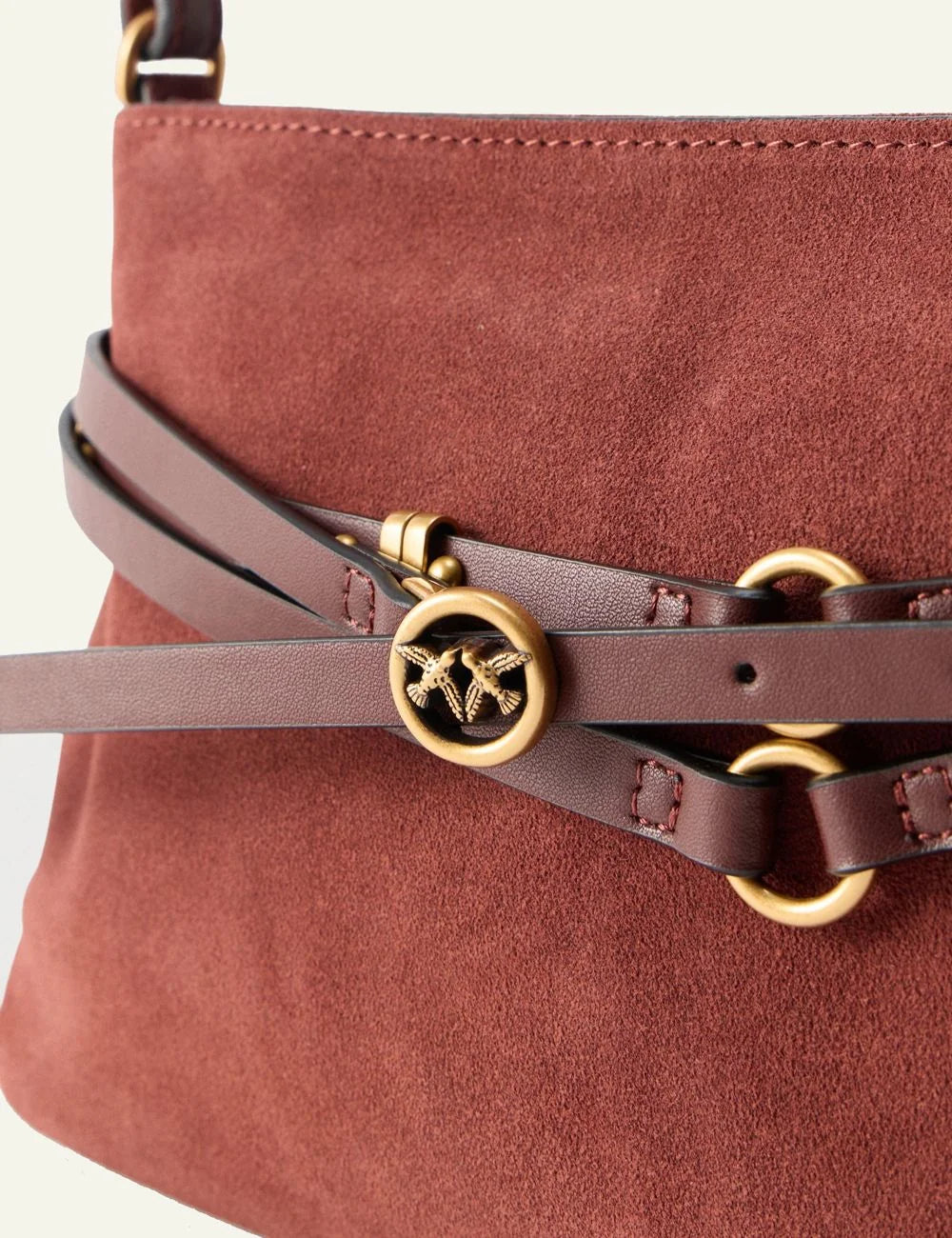 Pinko brown leather shoulder bag Love Birds strap detail front detail view