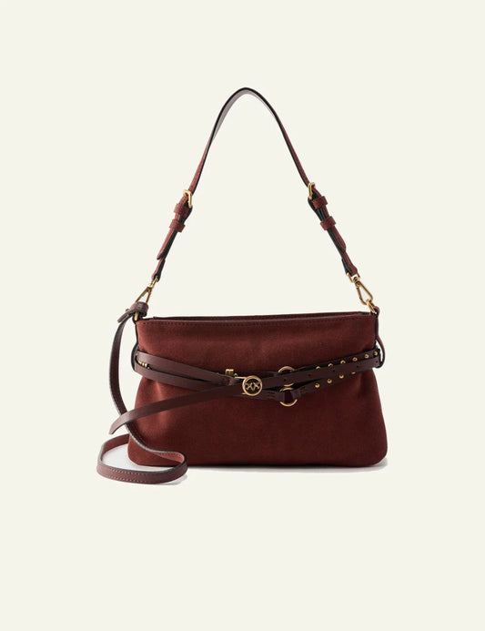 Pinko brown leather shoulder bag Love Birds strap detail front view