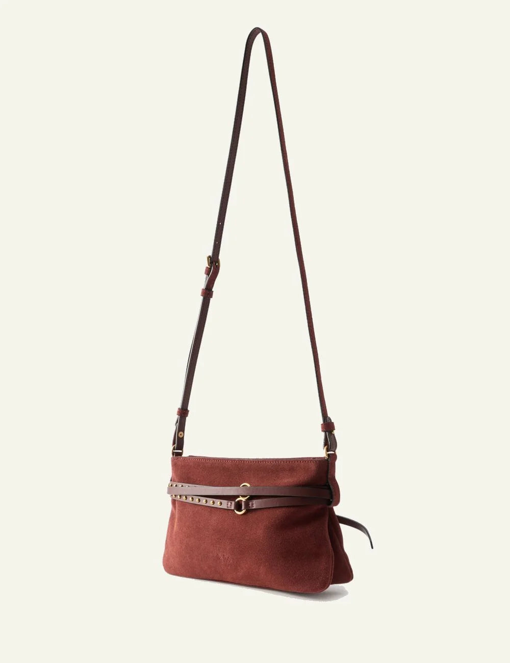 Pinko brown leather shoulder bag Love Birds strap detail side view