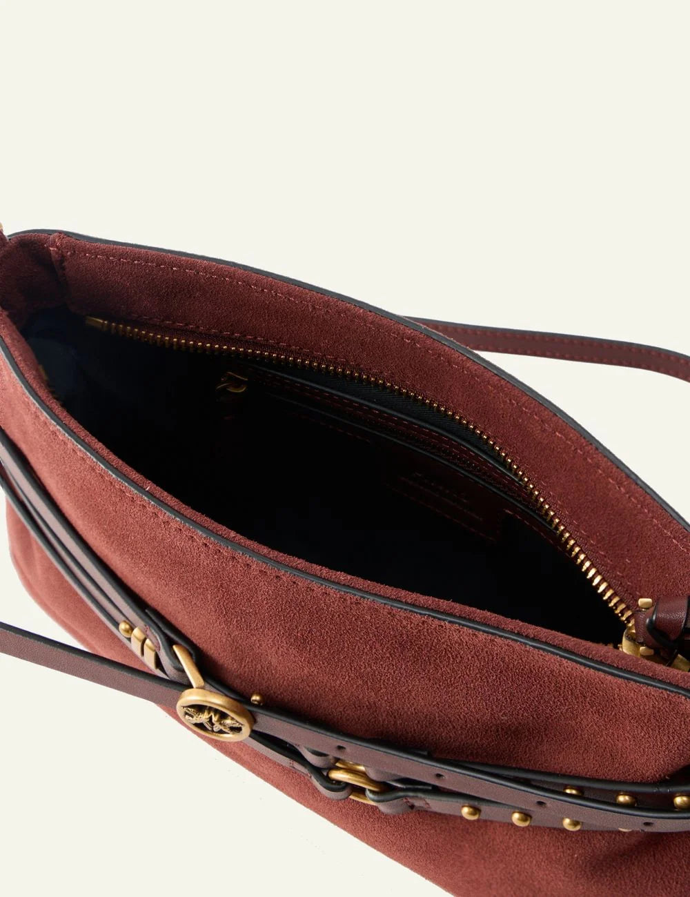 Pinko brown leather shoulder bag Love Birds strap detail top view
