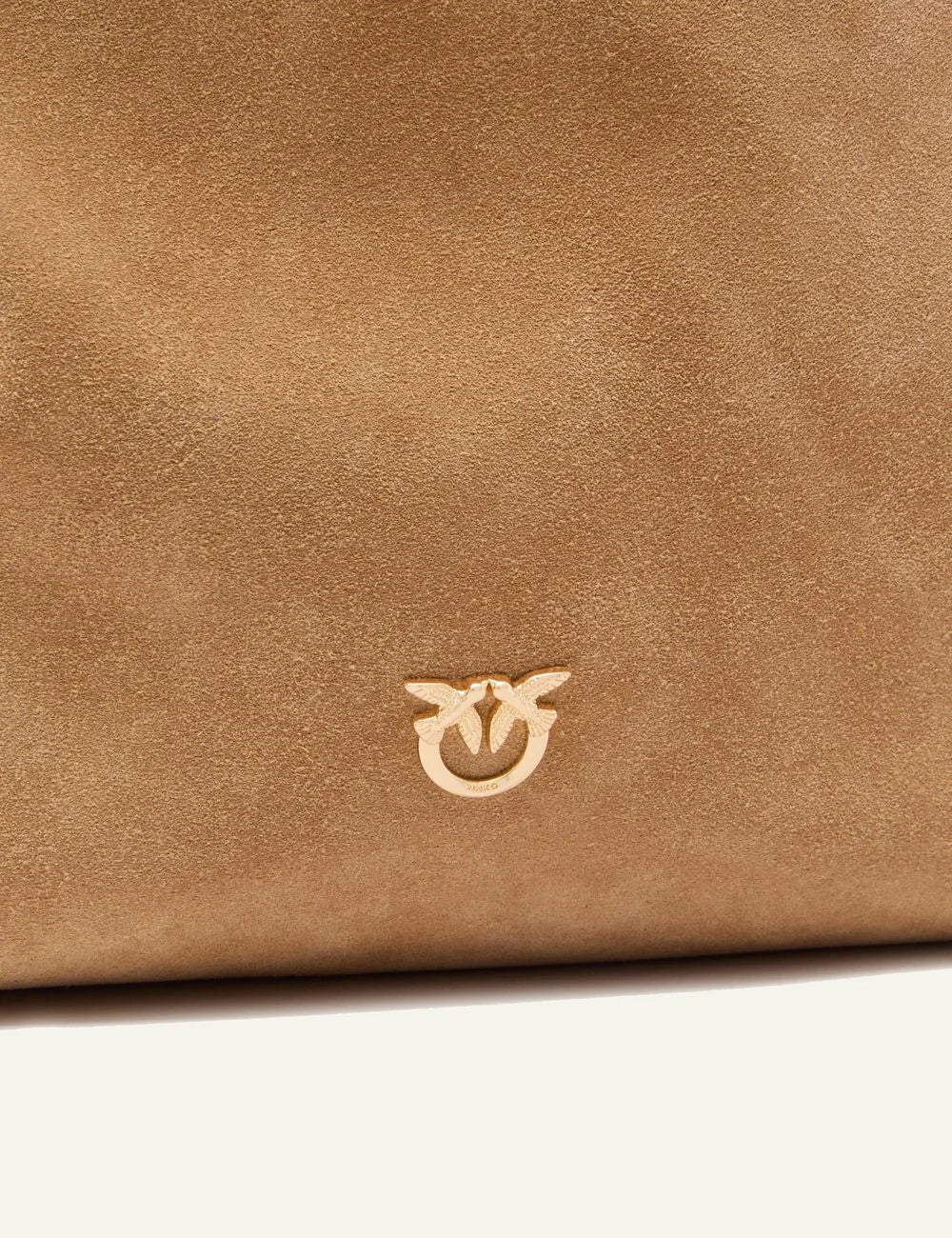 Pinko suede bucket bag camel shoulder view Love Birds logo front detail view