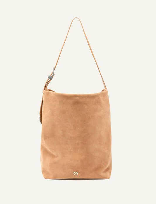 Pinko suede bucket bag camel shoulder view Love Birds logo front view