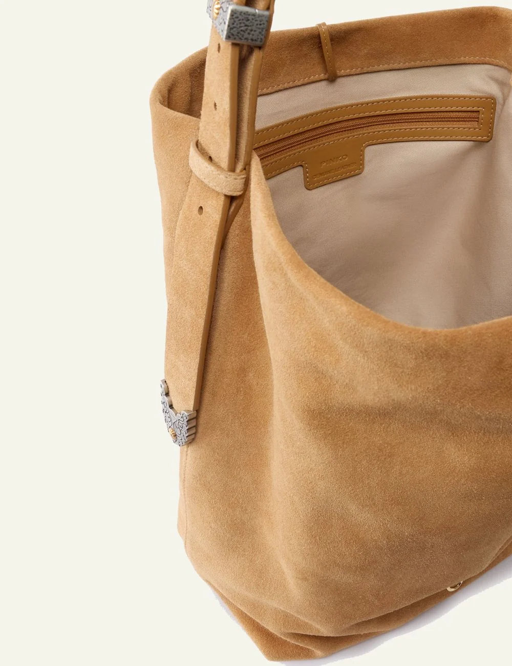 Pinko suede bucket bag camel shoulder view Love Birds logo top view