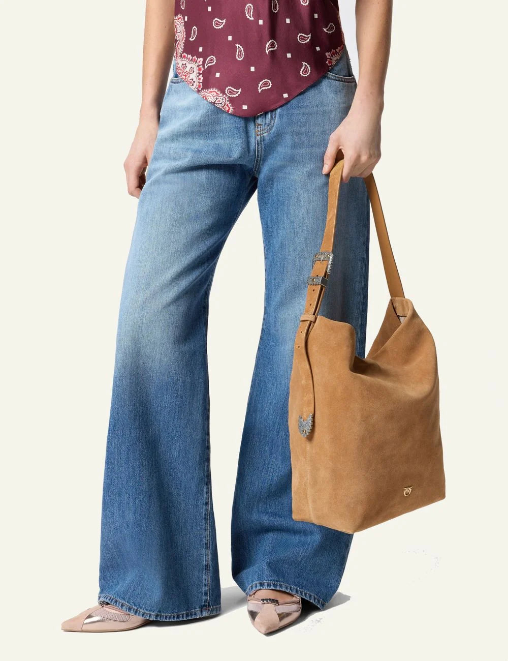 Pinko suede bucket bag camel shoulder view Love Birds logo front  model view