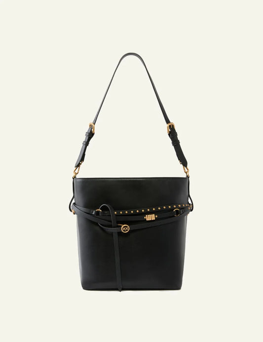 Pinko bucket belt bag black leather shoulder bag me studs kai Love Birds detail front veiw