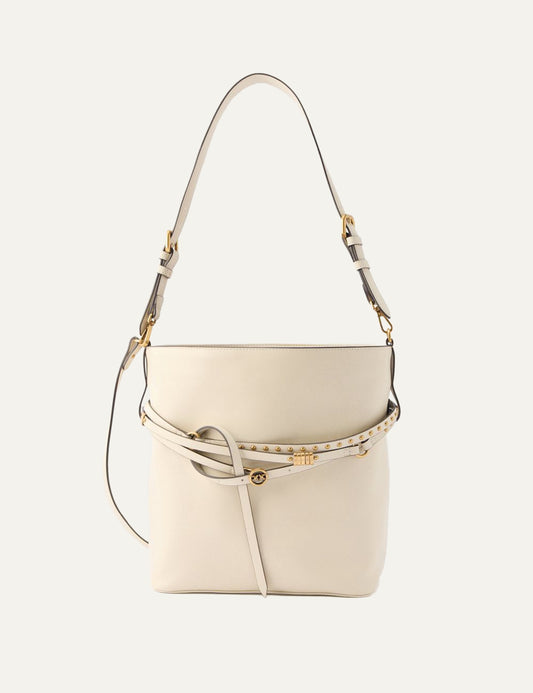 Pinko bucket belt bag cream leather shoulder bag me studs kai Love Birds detail front view