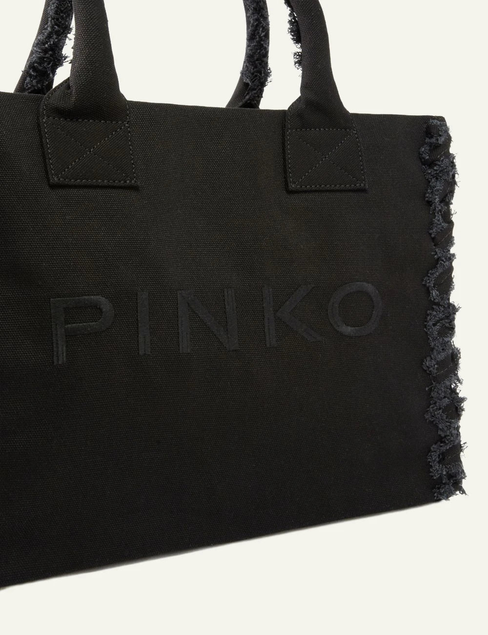 Pinko canvas shopper bag black medium frayed edges logo front detail