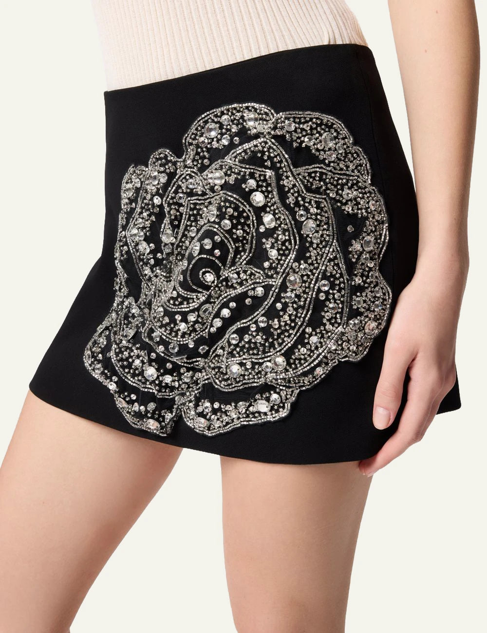 Pinko Cavolfiore mini skirt black with crystal rose applique front detail view