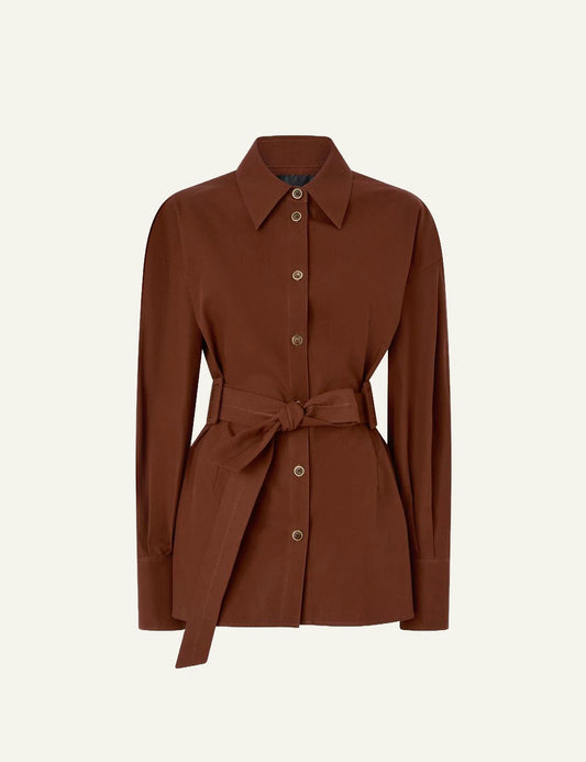 Pinko Cheryl cotton twill overshirt brown with belt front view