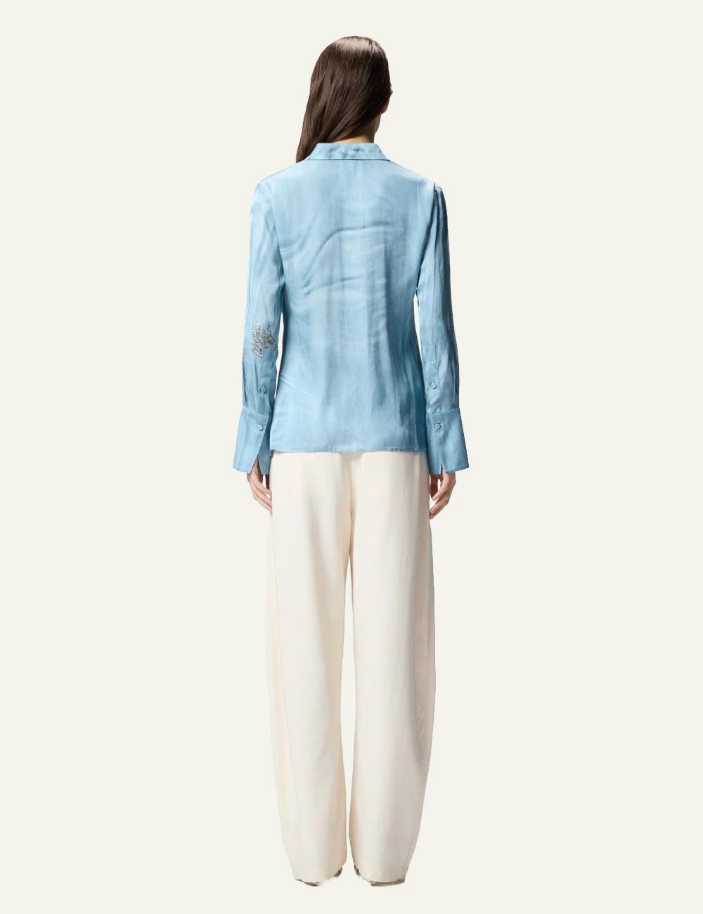 Pinko Christa satin shirt light blue denim effect with jewel motifs back view
