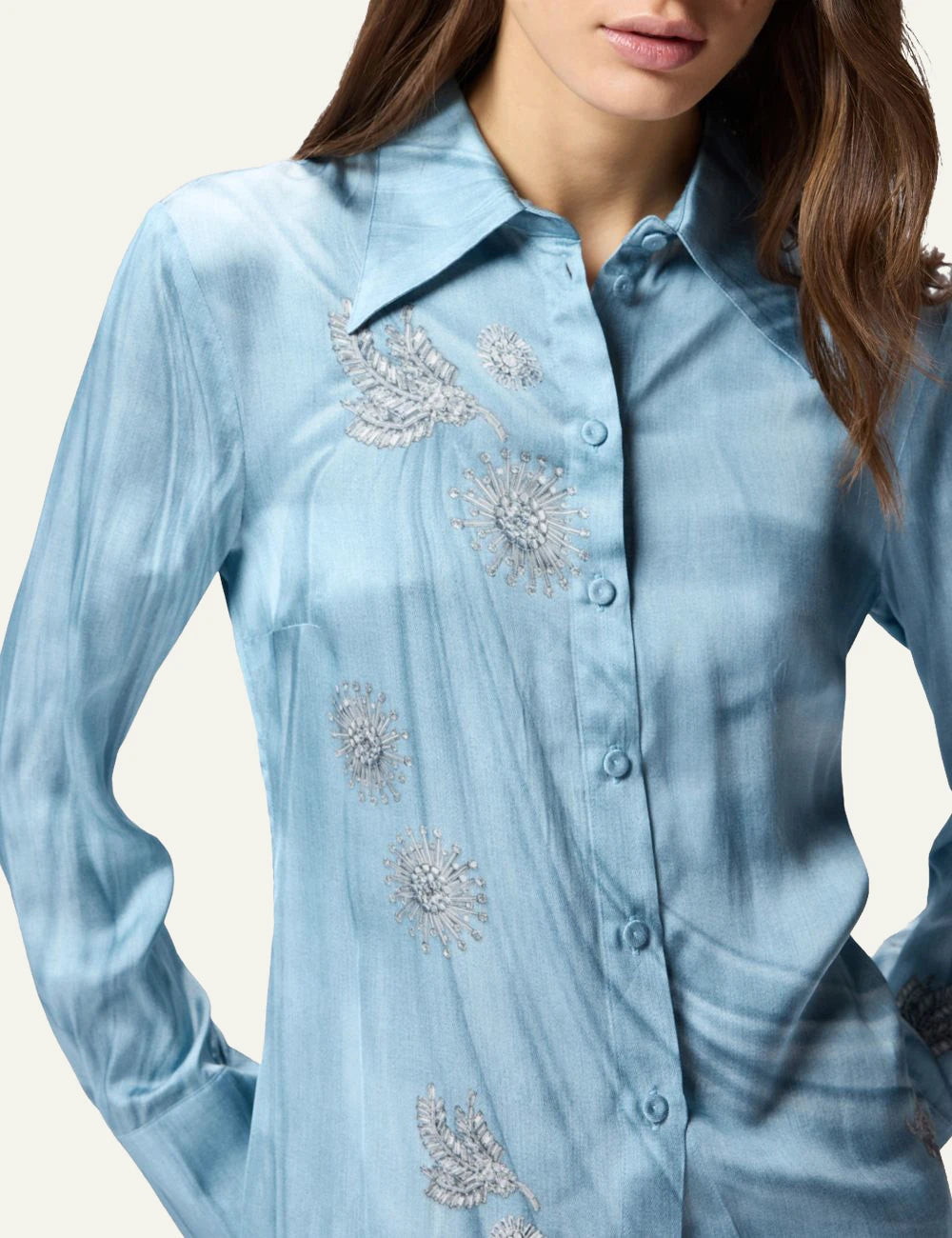 Pinko Christa satin shirt light blue denim effect with jewel motifs detail view