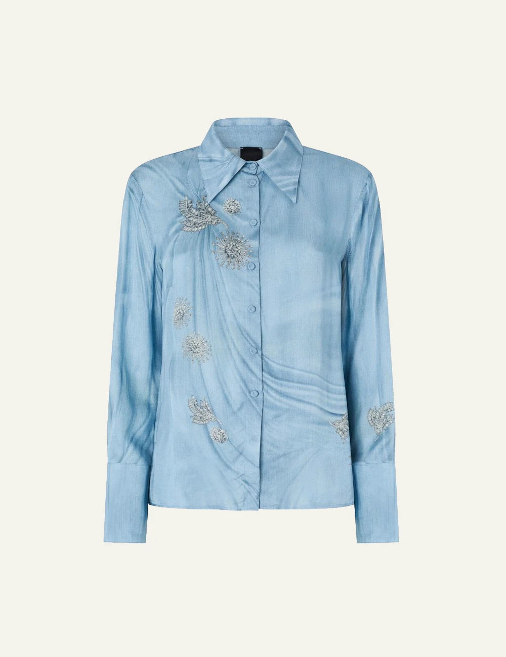 Pinko Christa satin shirt light blue denim effect with jewel motifs front view