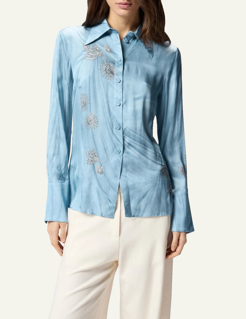 Pinko Christa satin shirt light blue denim effect with jewel motifs front  model view