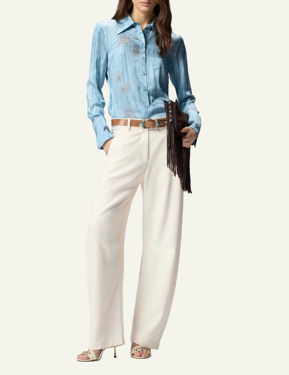 Pinko Christa satin shirt light blue denim effect with jewel motifs front full body view