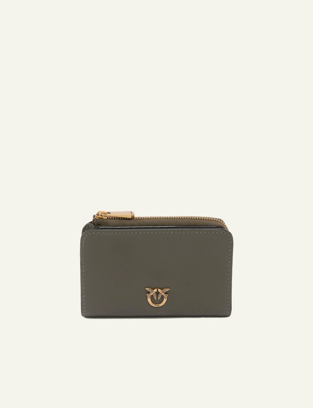 Pinko compact wallet green leather Love Birds logo zip coin pocket front view