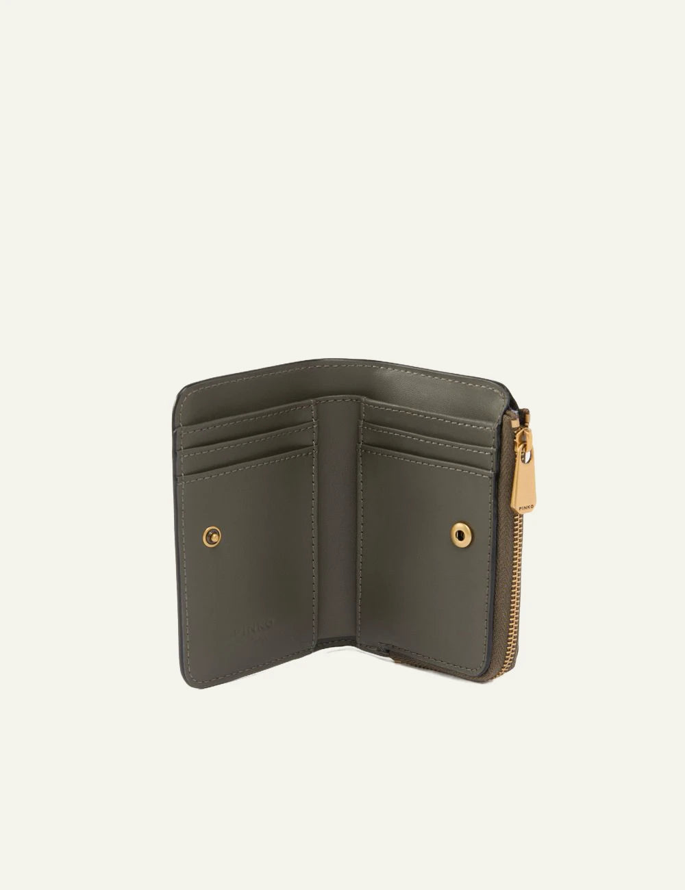 Pinko compact wallet green leather Love Birds logo zip coin pocket top view