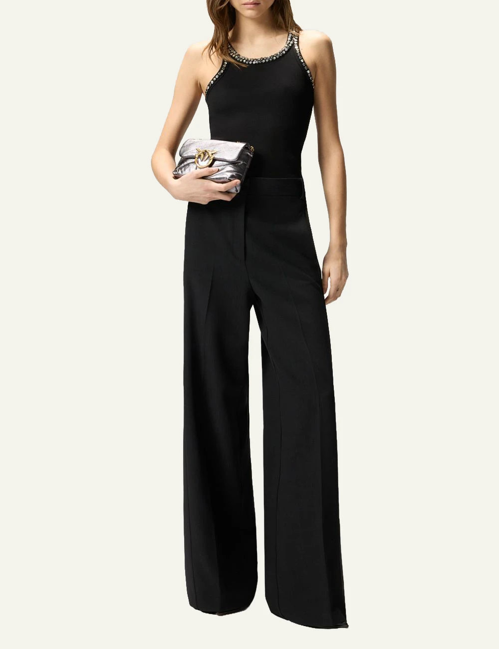Pinko Coriandoli tank top black with crystal straps front full body view